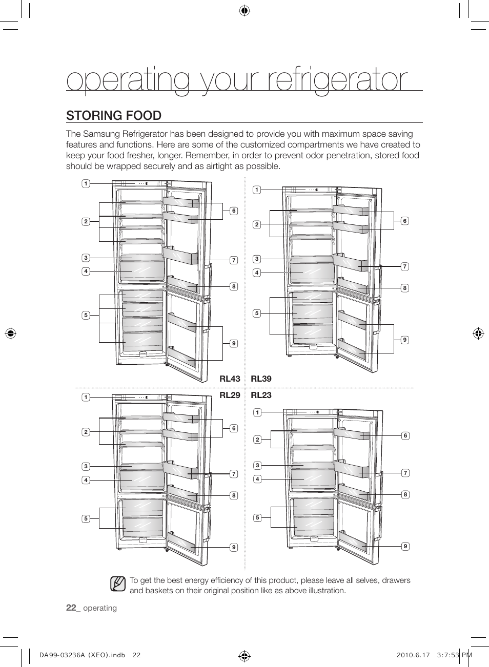 Operating your refrigerator, Storing food | Samsung RL39THCMG User Manual | Page 22 / 228