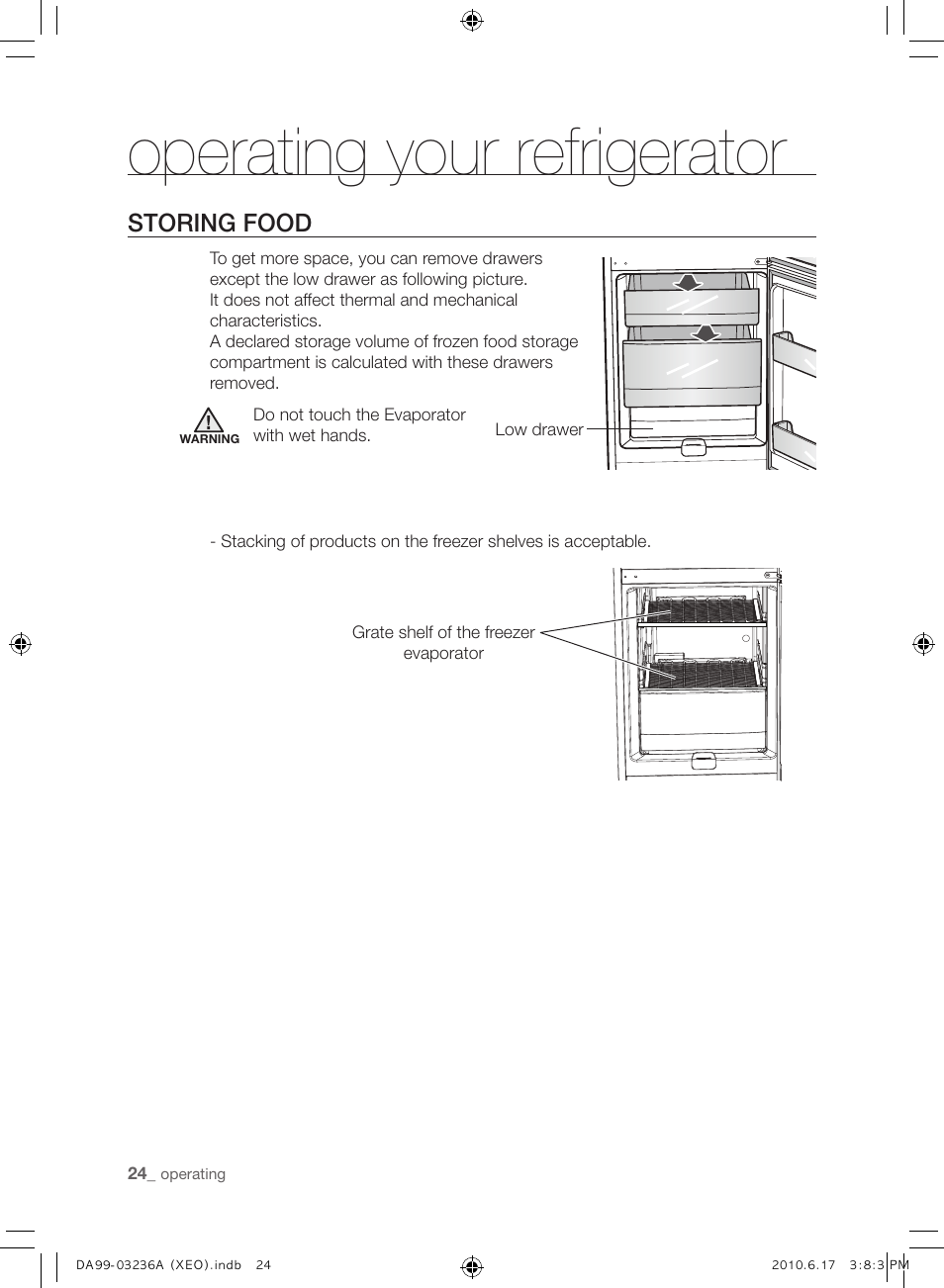 Operating your refrigerator, Storing food | Samsung RL39THCMG User Manual | Page 24 / 228