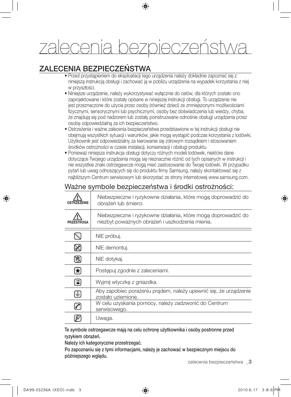 Zalecenia bezpieczeństwa, Ważne symbole bezpieczeństwa i środki ostrożności | Samsung RL39THCMG User Manual | Page 31 / 228