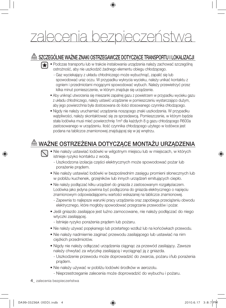 Zalecenia bezpieczeństwa, Ważne ostrzeżenia dotyczące montażu urządzenia | Samsung RL39THCMG User Manual | Page 32 / 228