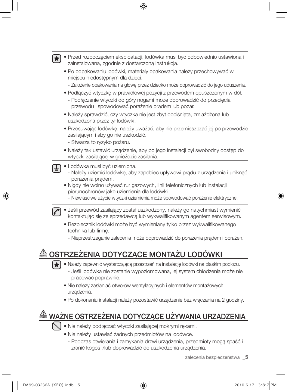 Ostrzeżenia dotyczące montażu lodówki, Ważne ostrzeżenia dotyczące używania urządzenia | Samsung RL39THCMG User Manual | Page 33 / 228