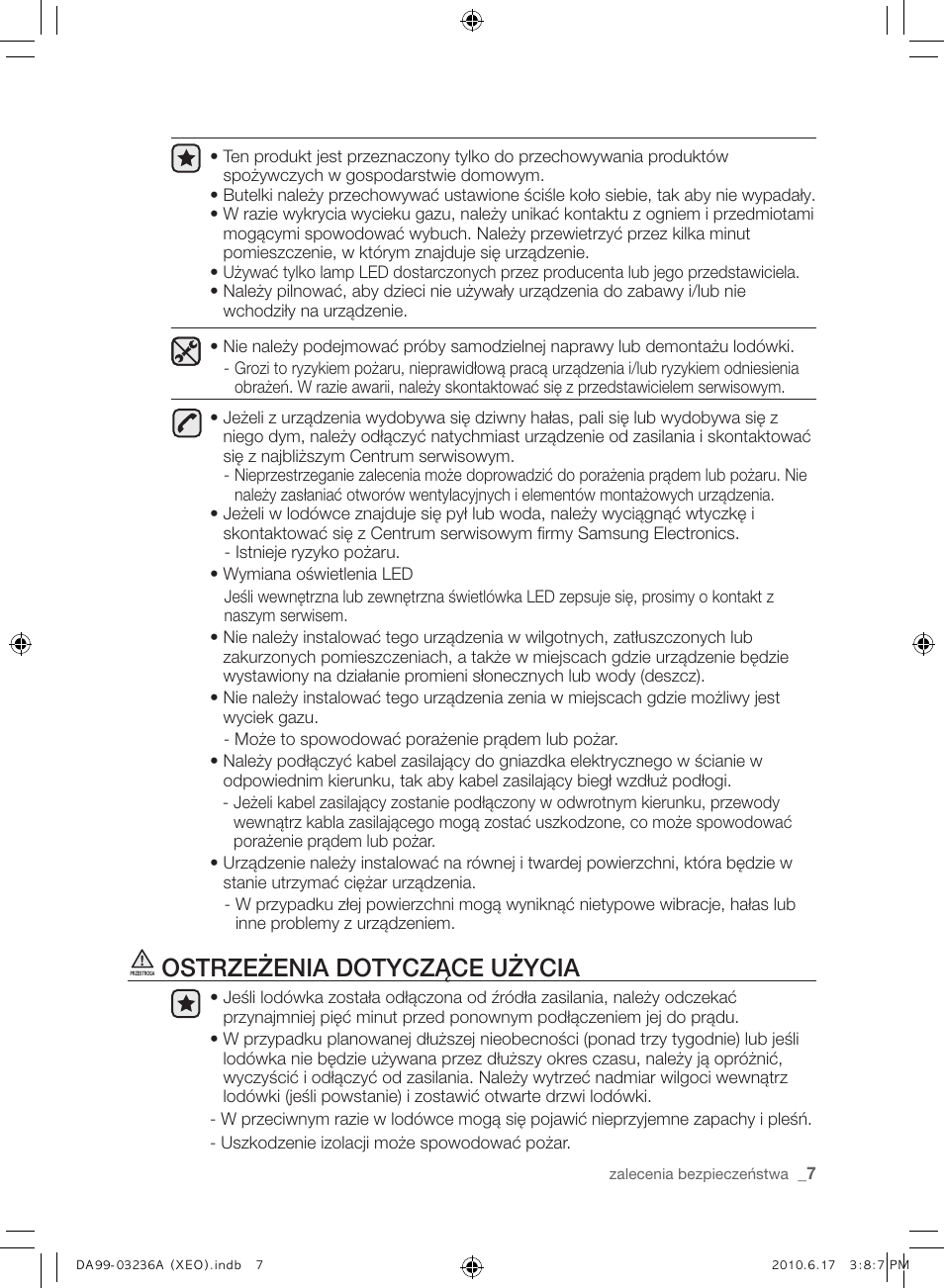 Ostrzeżenia dotyczące użycia | Samsung RL39THCMG User Manual | Page 35 / 228