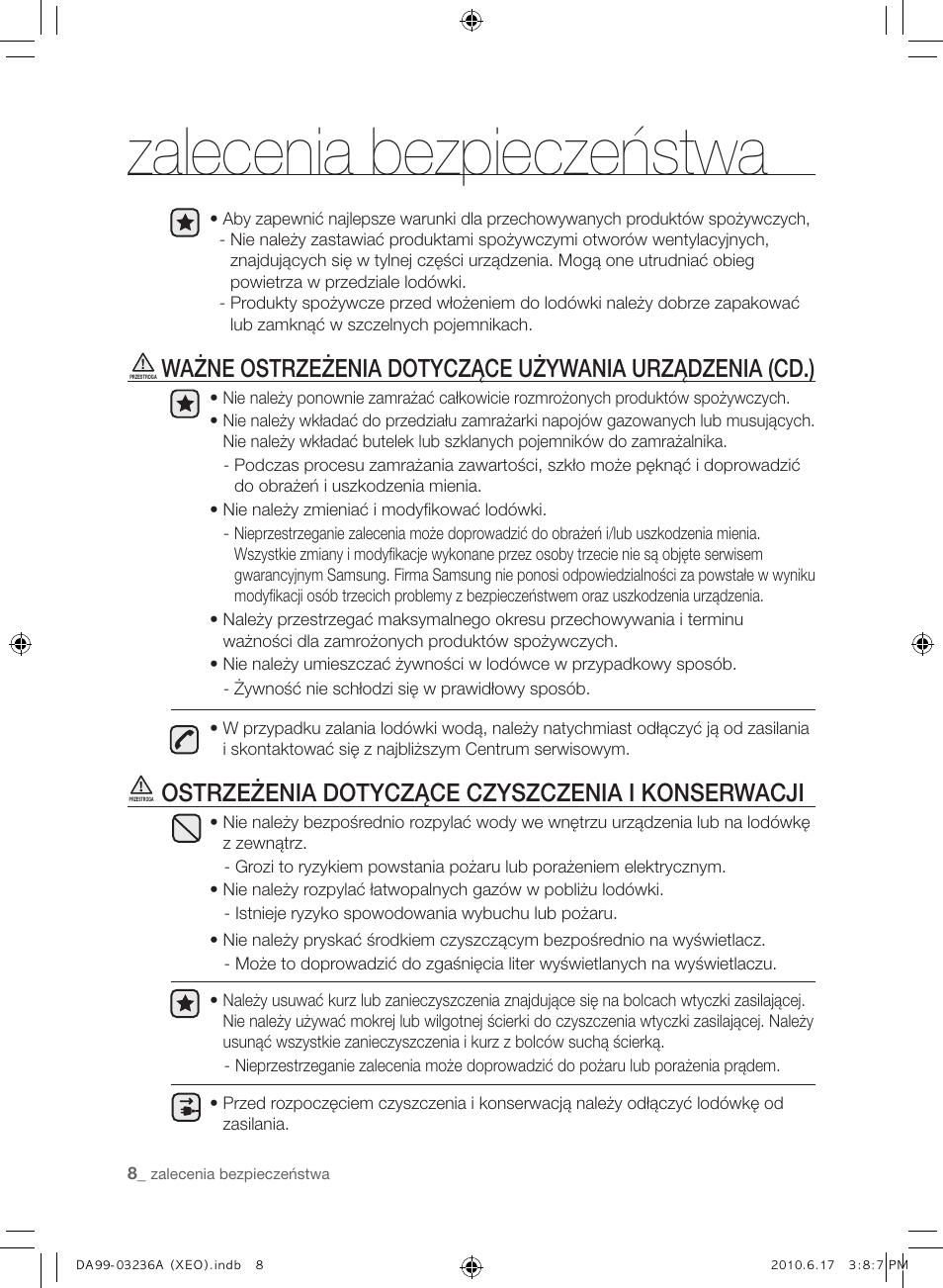 Zalecenia bezpieczeństwa, Ostrzeżenia dotyczące czyszczenia i konserwacji | Samsung RL39THCMG User Manual | Page 36 / 228