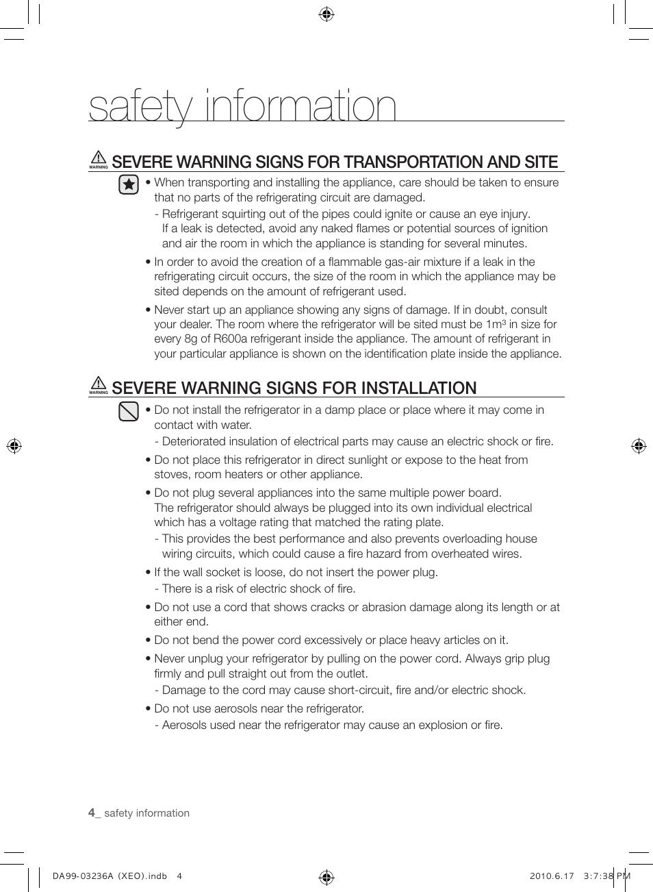 Safety information, Severe warning signs for transportation and site, Severe warning signs for installation | Samsung RL39THCMG User Manual | Page 4 / 228