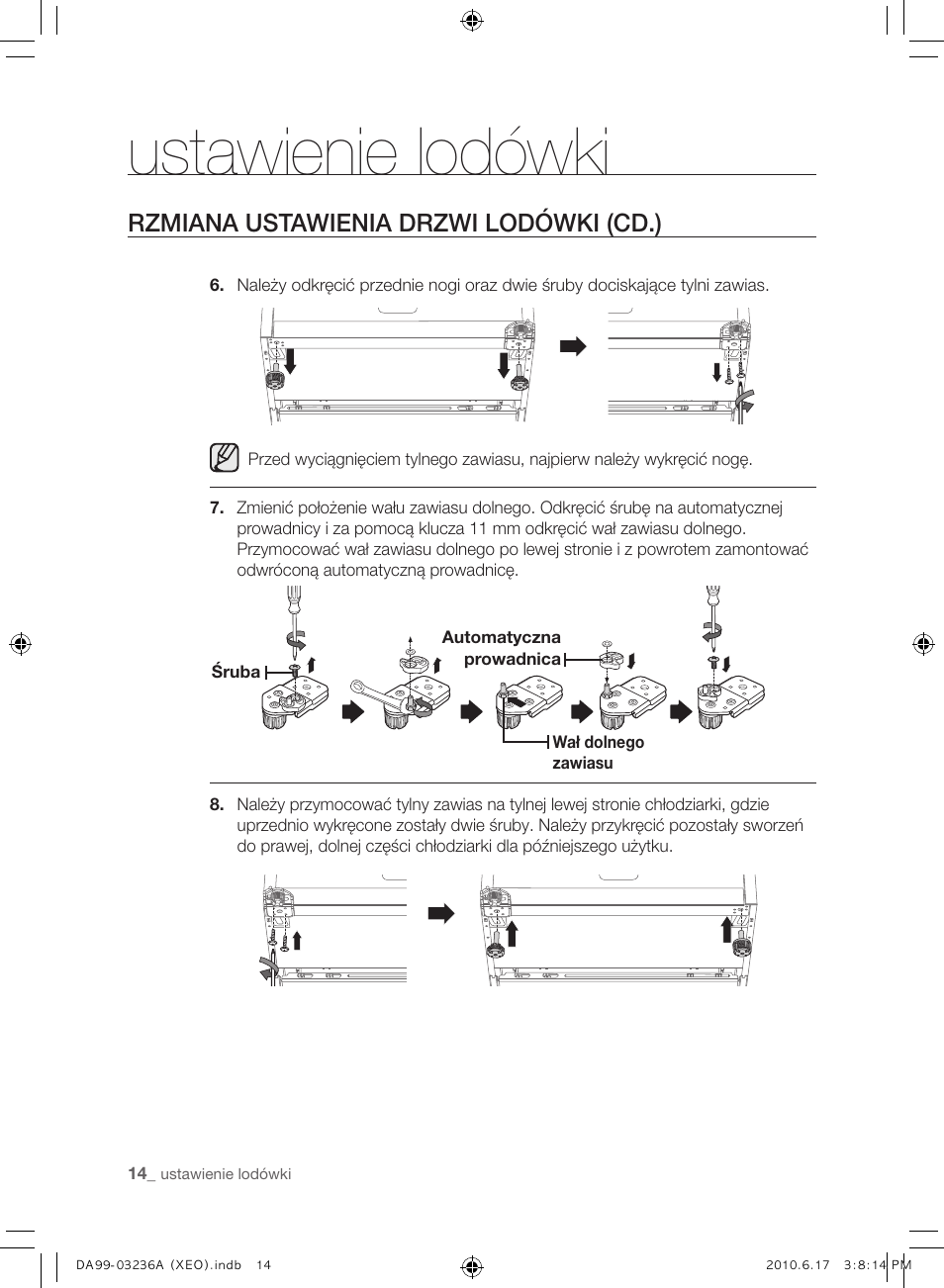 Ustawienie lodówki, Rzmiana ustawienia drzwi lodówki (cd.) | Samsung RL39THCMG User Manual | Page 42 / 228