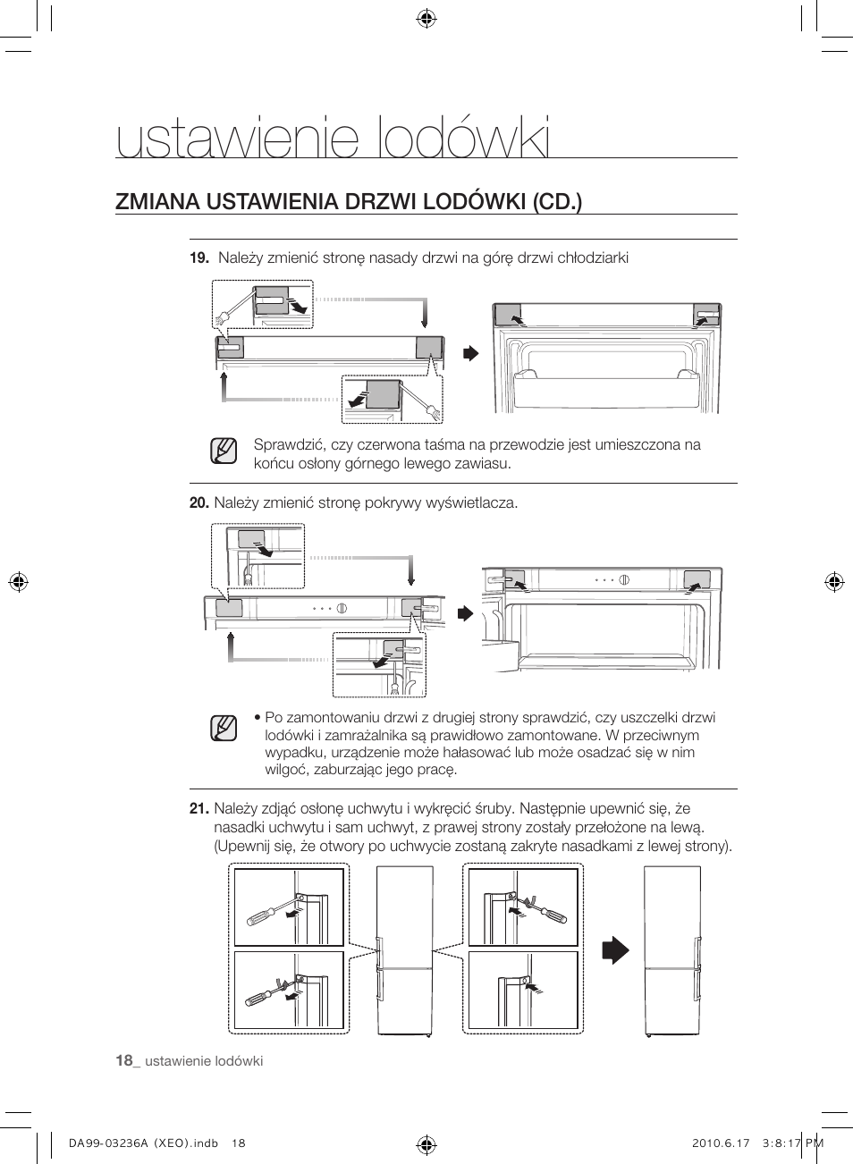 Ustawienie lodówki, Zmiana ustawienia drzwi lodówki (cd.) | Samsung RL39THCMG User Manual | Page 46 / 228