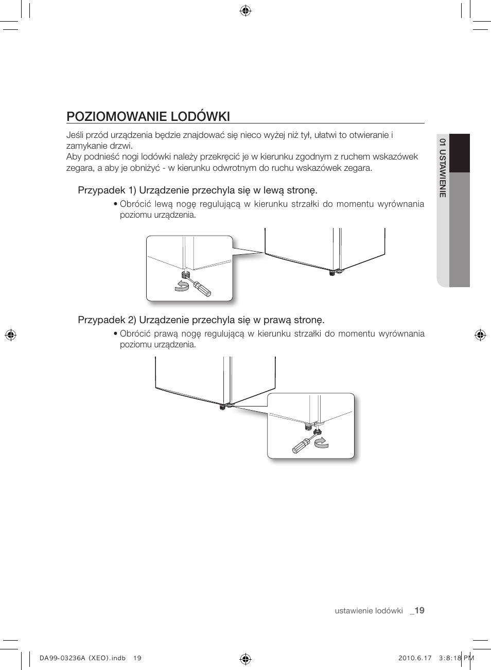 Poziomowanie lodówki | Samsung RL39THCMG User Manual | Page 47 / 228