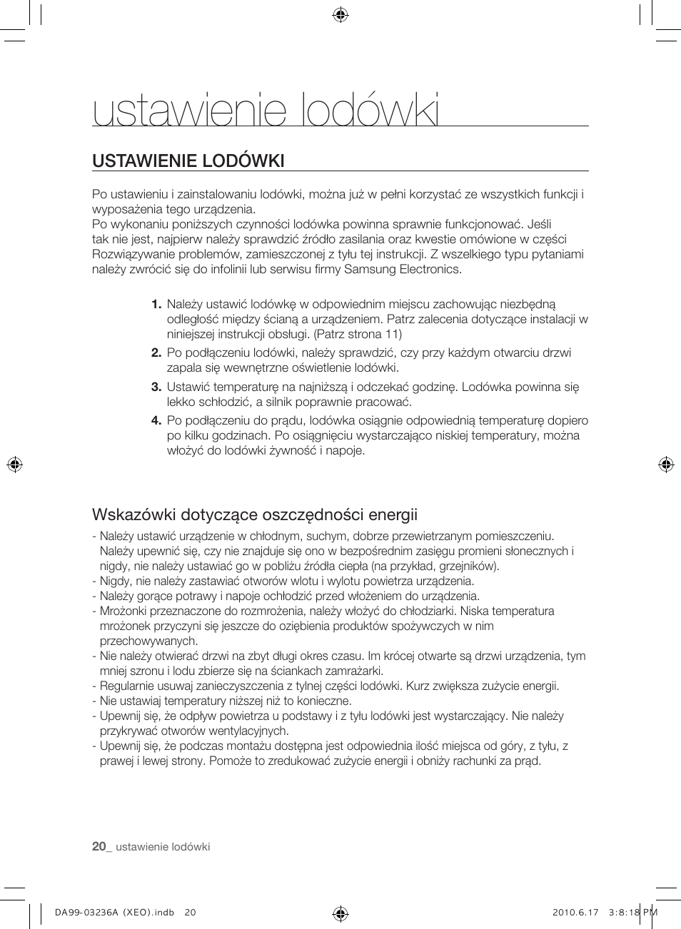 Ustawienie lodówki, Wskazówki dotyczące oszczędności energii | Samsung RL39THCMG User Manual | Page 48 / 228