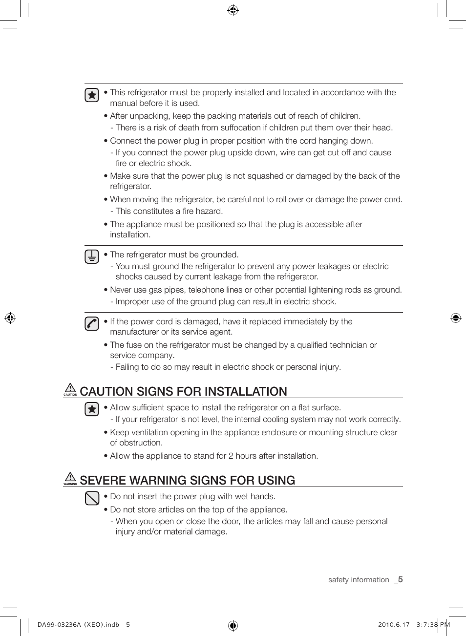 Caution signs for installation, Severe warning signs for using | Samsung RL39THCMG User Manual | Page 5 / 228