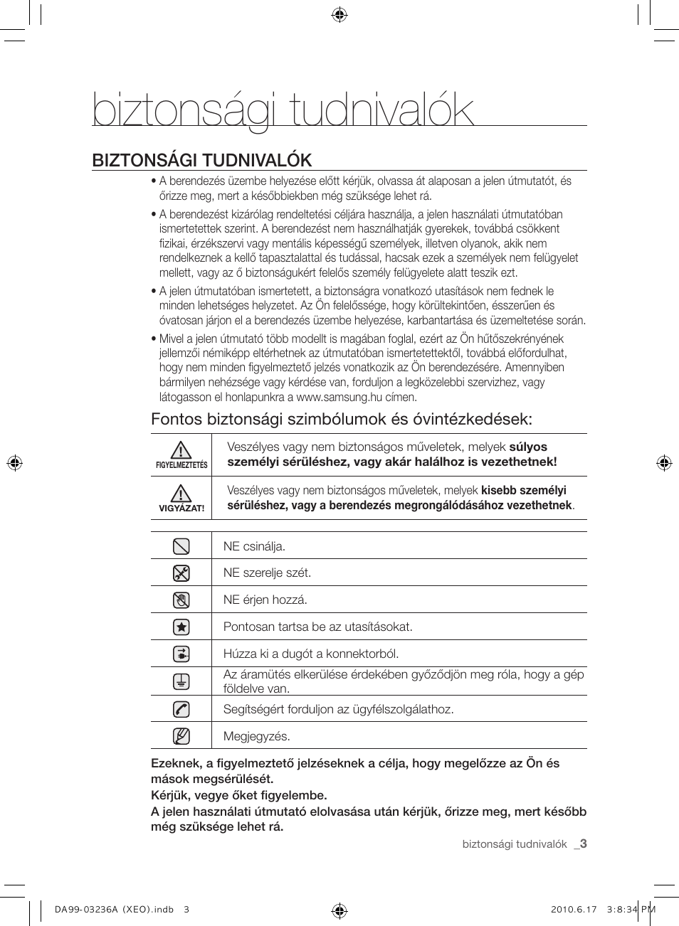 Biztonsági tudnivalók, Fontos biztonsági szimbólumok és óvintézkedések | Samsung RL39THCMG User Manual | Page 59 / 228