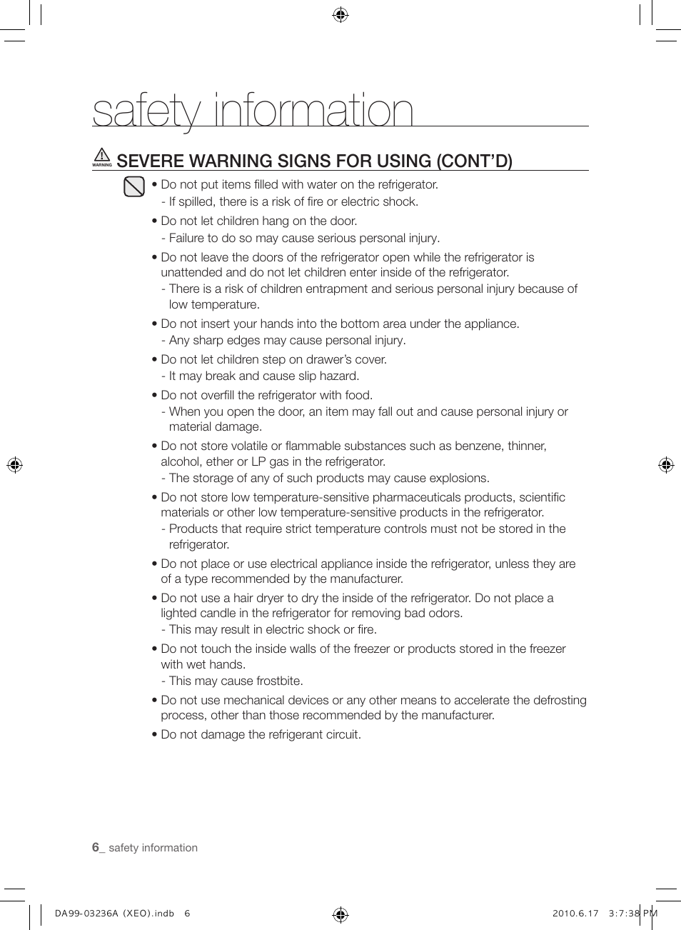 Safety information, Severe warning signs for using (cont’d) | Samsung RL39THCMG User Manual | Page 6 / 228