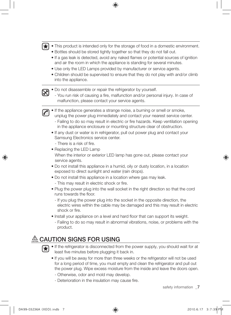 Caution signs for using | Samsung RL39THCMG User Manual | Page 7 / 228