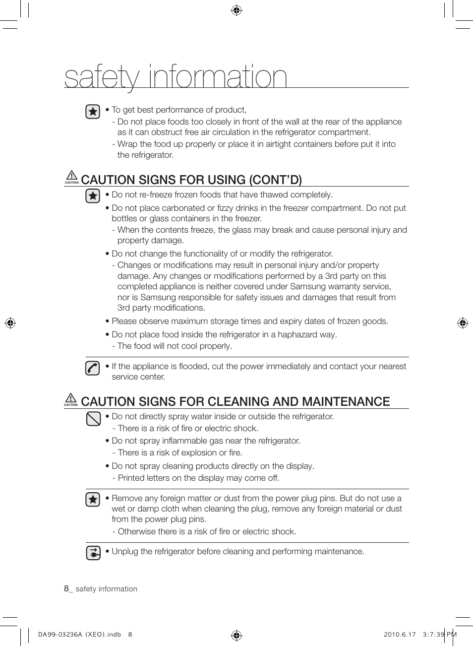 Safety information, Caution signs for using (cont’d), Caution signs for cleaning and maintenance | Samsung RL39THCMG User Manual | Page 8 / 228