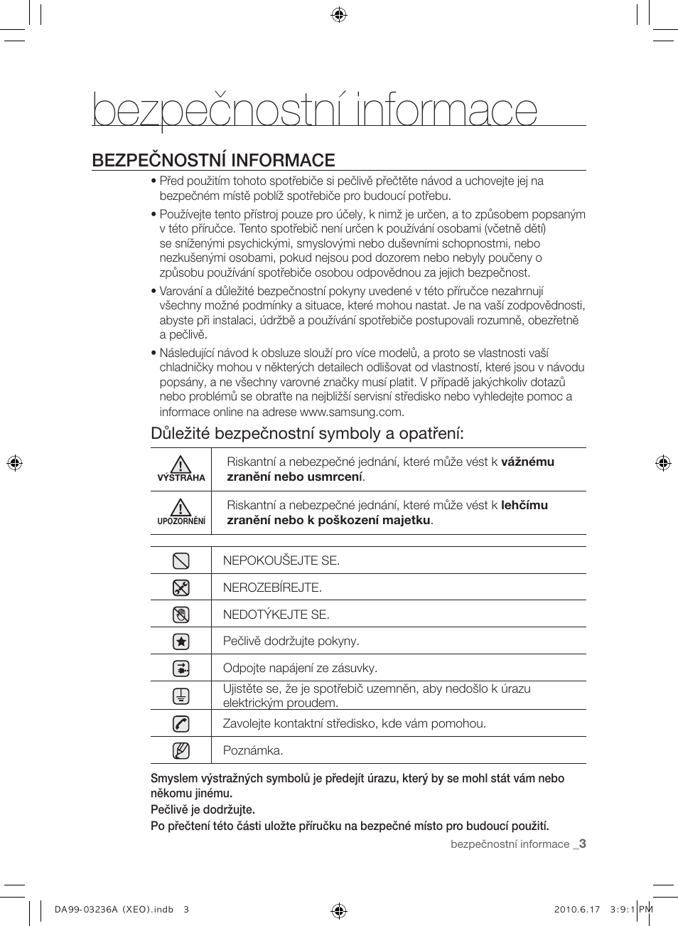 Bezpečnostní informace, Důležité bezpečnostní symboly a opatření | Samsung RL39THCMG User Manual | Page 89 / 228