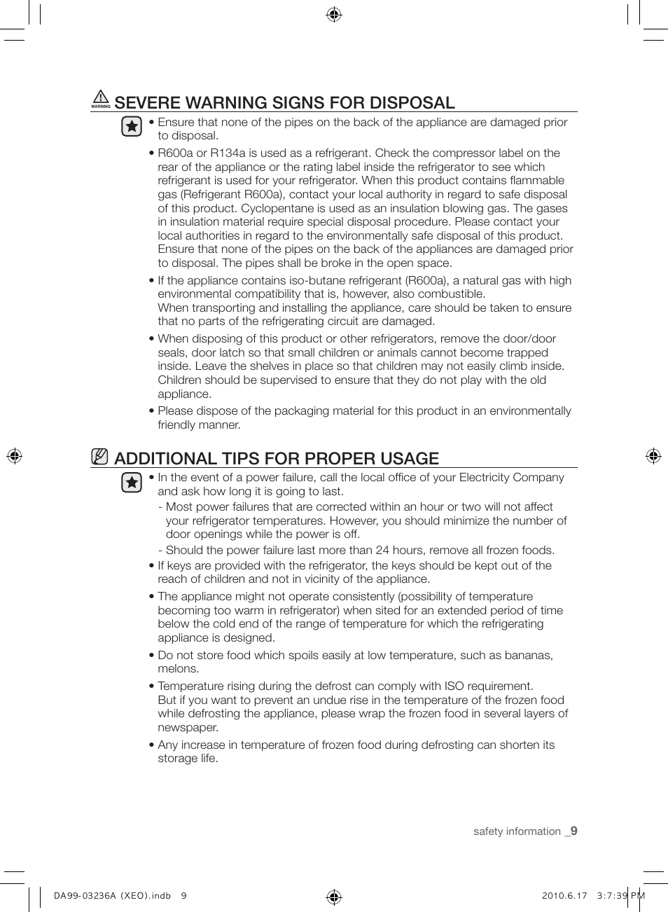 Severe warning signs for disposal, Additional tips for proper usage | Samsung RL39THCMG User Manual | Page 9 / 228