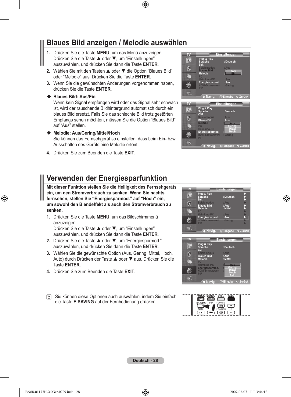 Blaues bild anzeigen / melodie auswählen, Verwenden der energiesparfunktion | Samsung LE22S81B User Manual | Page 106 / 461