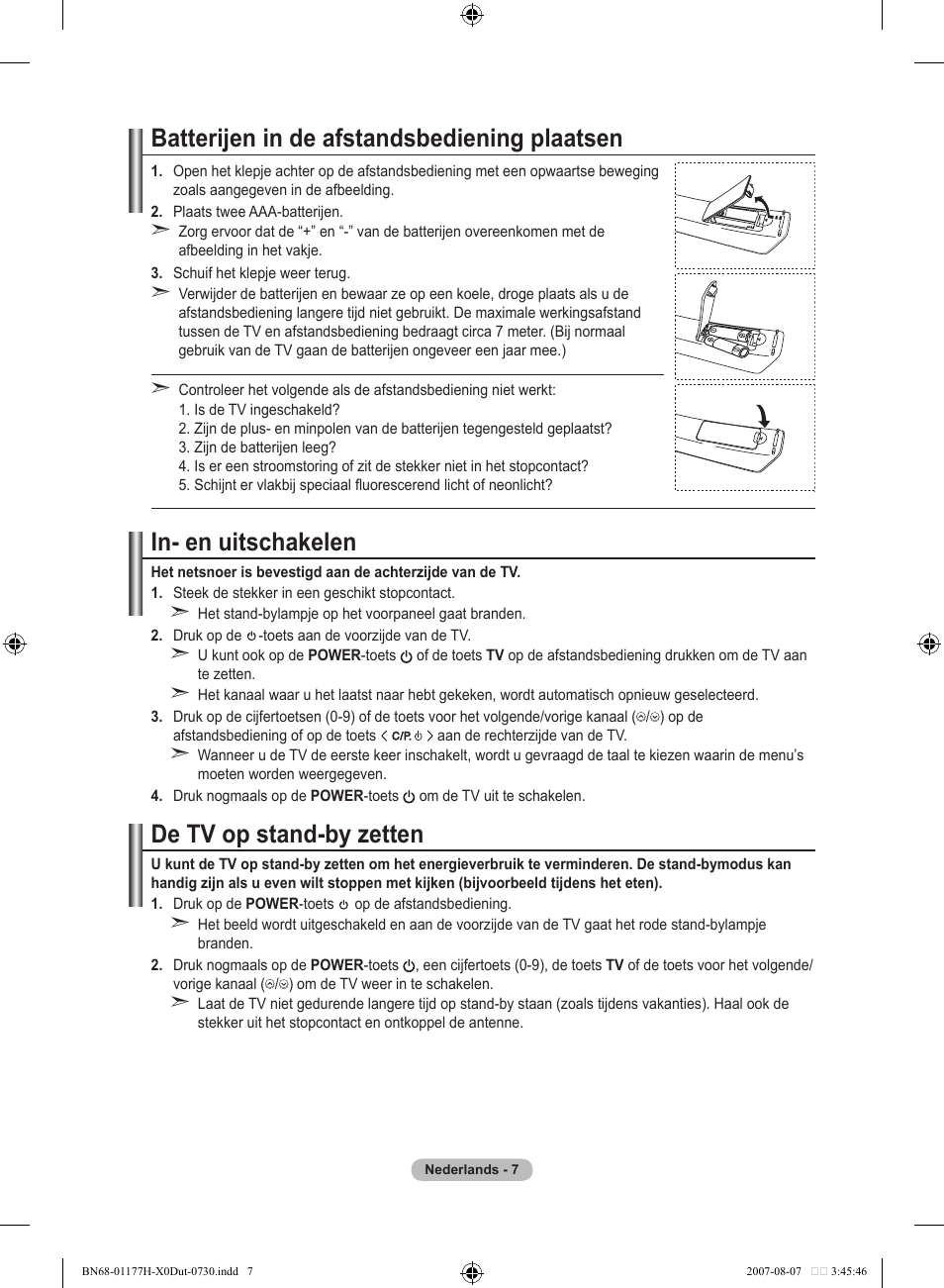 Batterijen in de afstandsbediening plaatsen, In- en uitschakelen, De tv op stand-by zetten | Samsung LE22S81B User Manual | Page 123 / 461