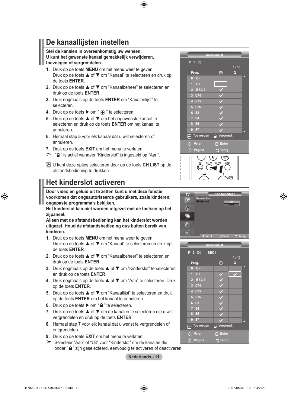 De kanaallijsten instellen, Het kinderslot activeren | Samsung LE22S81B User Manual | Page 127 / 461