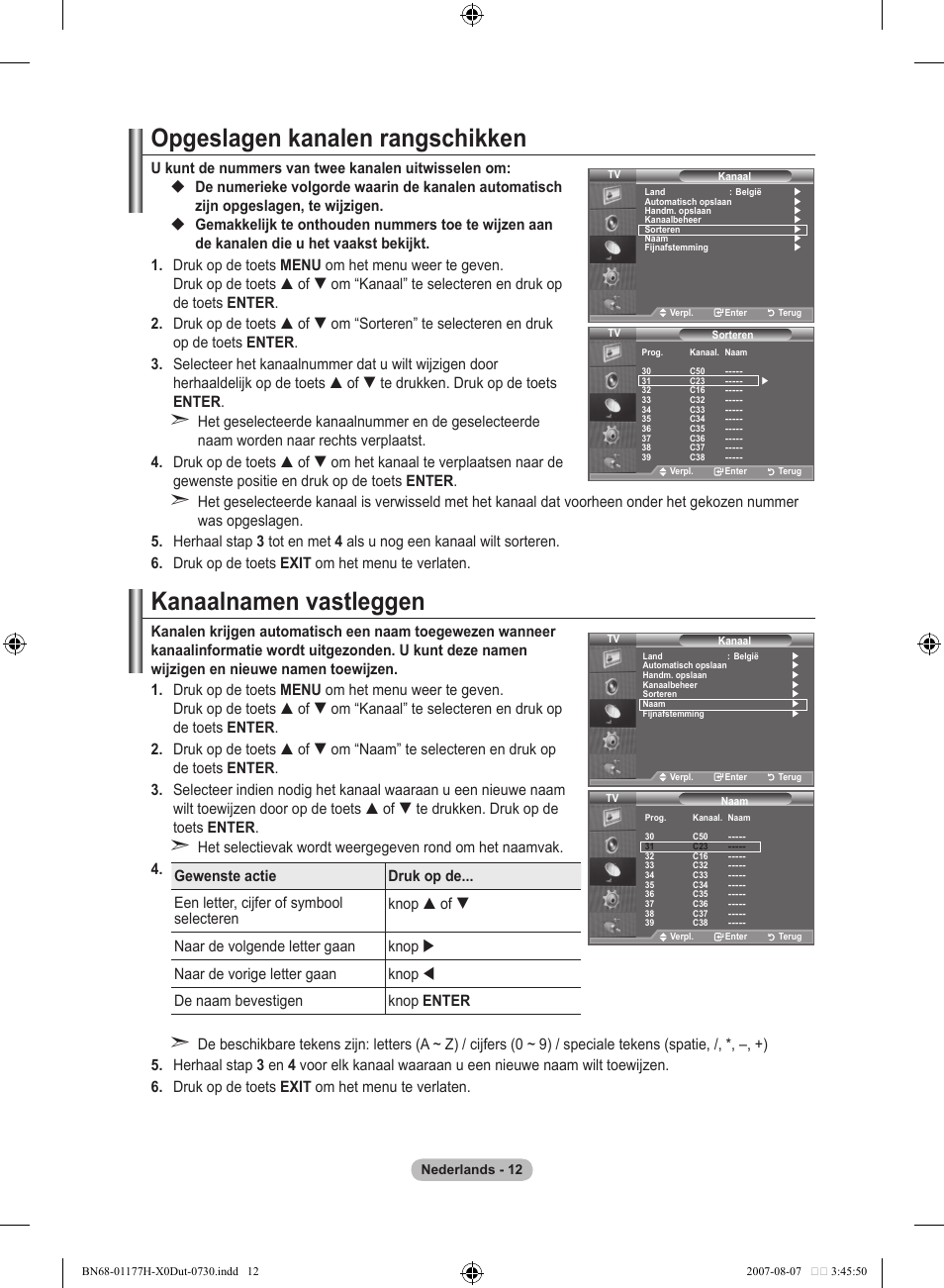 Opgeslagen kanalen rangschikken, Kanaalnamen vastleggen | Samsung LE22S81B User Manual | Page 128 / 461