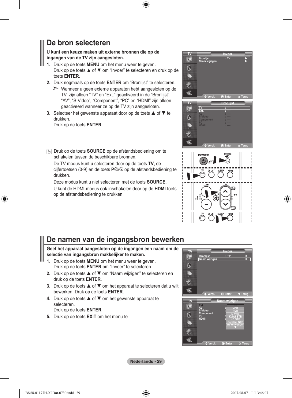 De bron selecteren, De namen van de ingangsbron bewerken | Samsung LE22S81B User Manual | Page 145 / 461