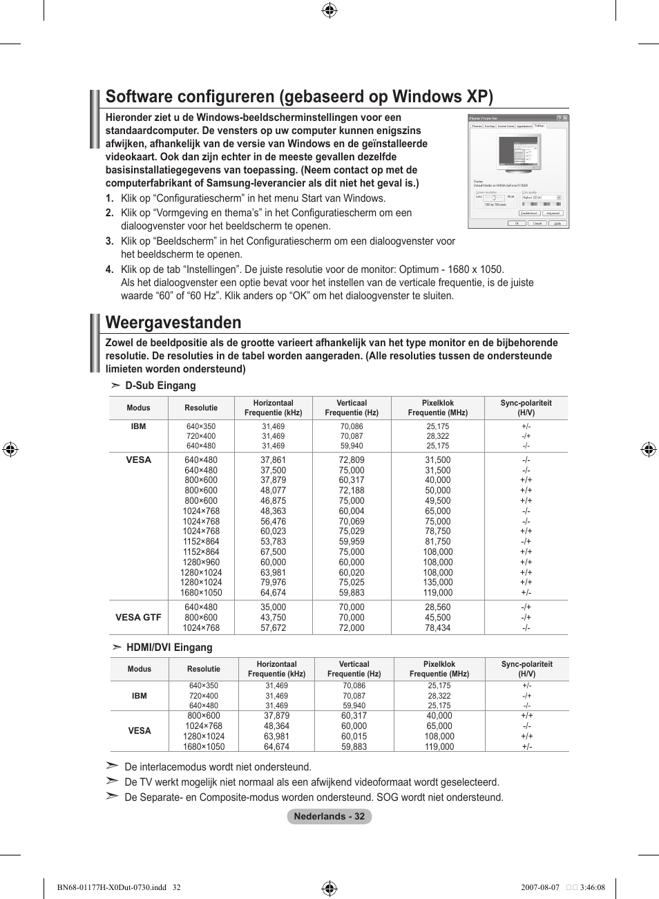 Software configureren (gebaseerd op windows xp), Weergavestanden | Samsung LE22S81B User Manual | Page 148 / 461