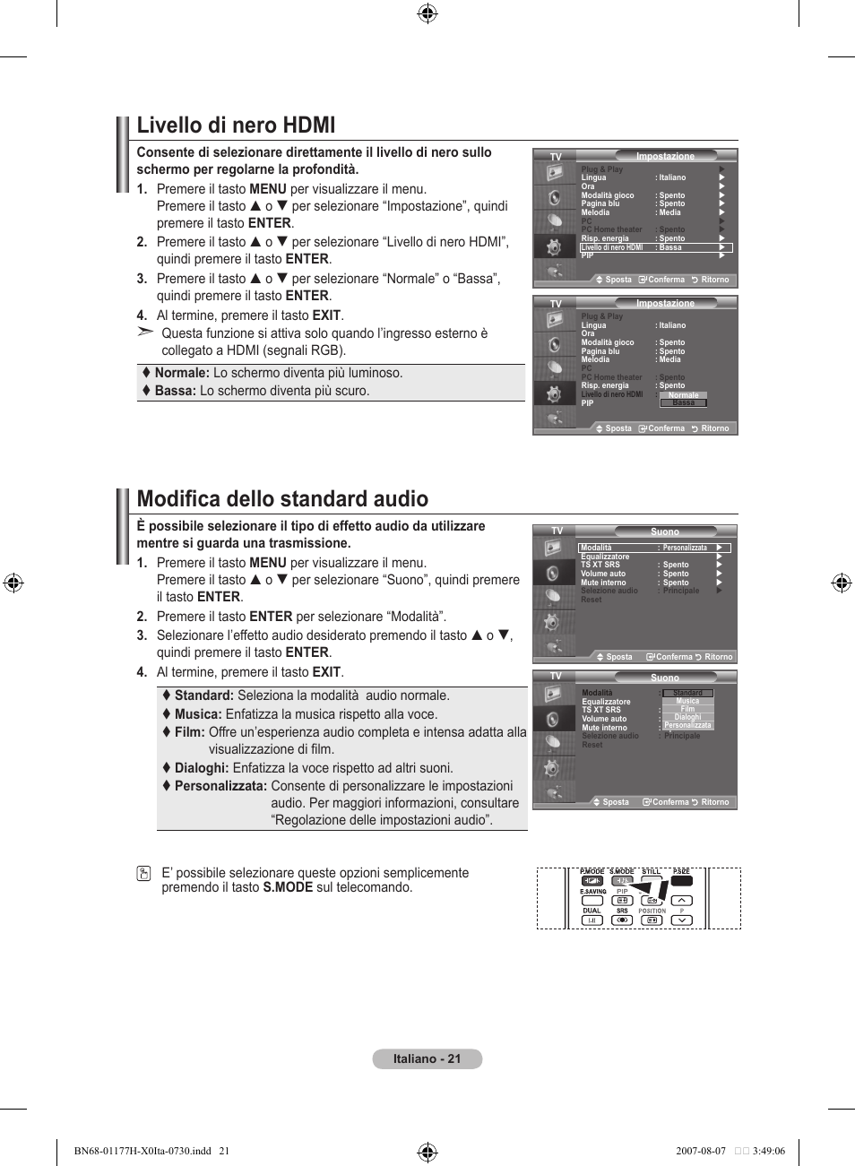 Livello di nero hdmi, Modifica dello standard audio | Samsung LE22S81B User Manual | Page 175 / 461