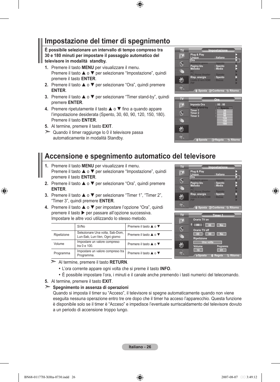 Impostazione del timer di spegnimento, Accensione e spegnimento automatico del televisore | Samsung LE22S81B User Manual | Page 180 / 461