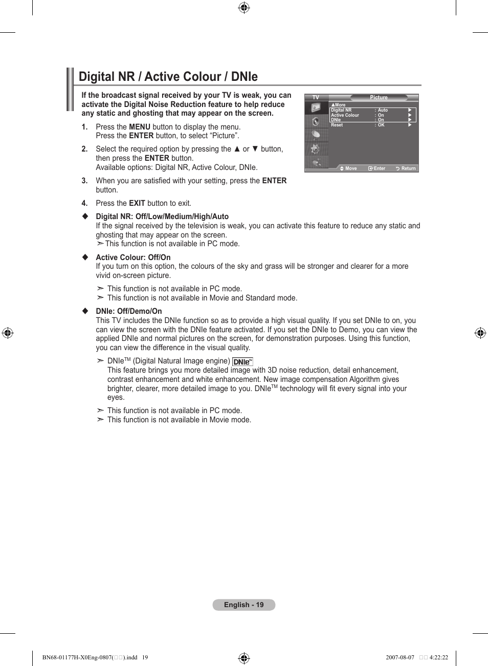 Digital nr / active colour / dnie | Samsung LE22S81B User Manual | Page 21 / 461