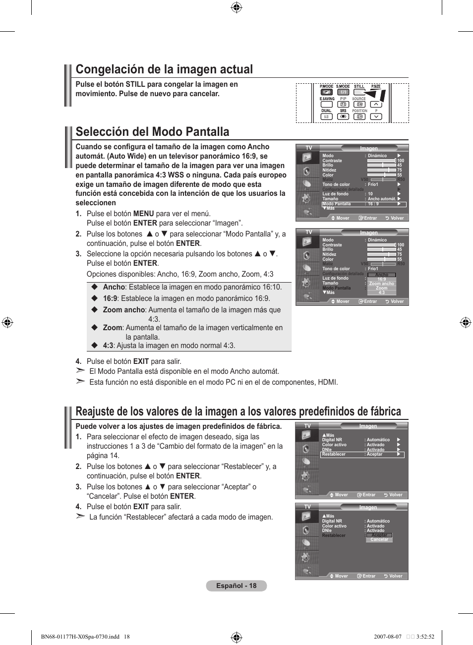 Congelación de la imagen actual, Selección del modo pantalla | Samsung LE22S81B User Manual | Page 210 / 461