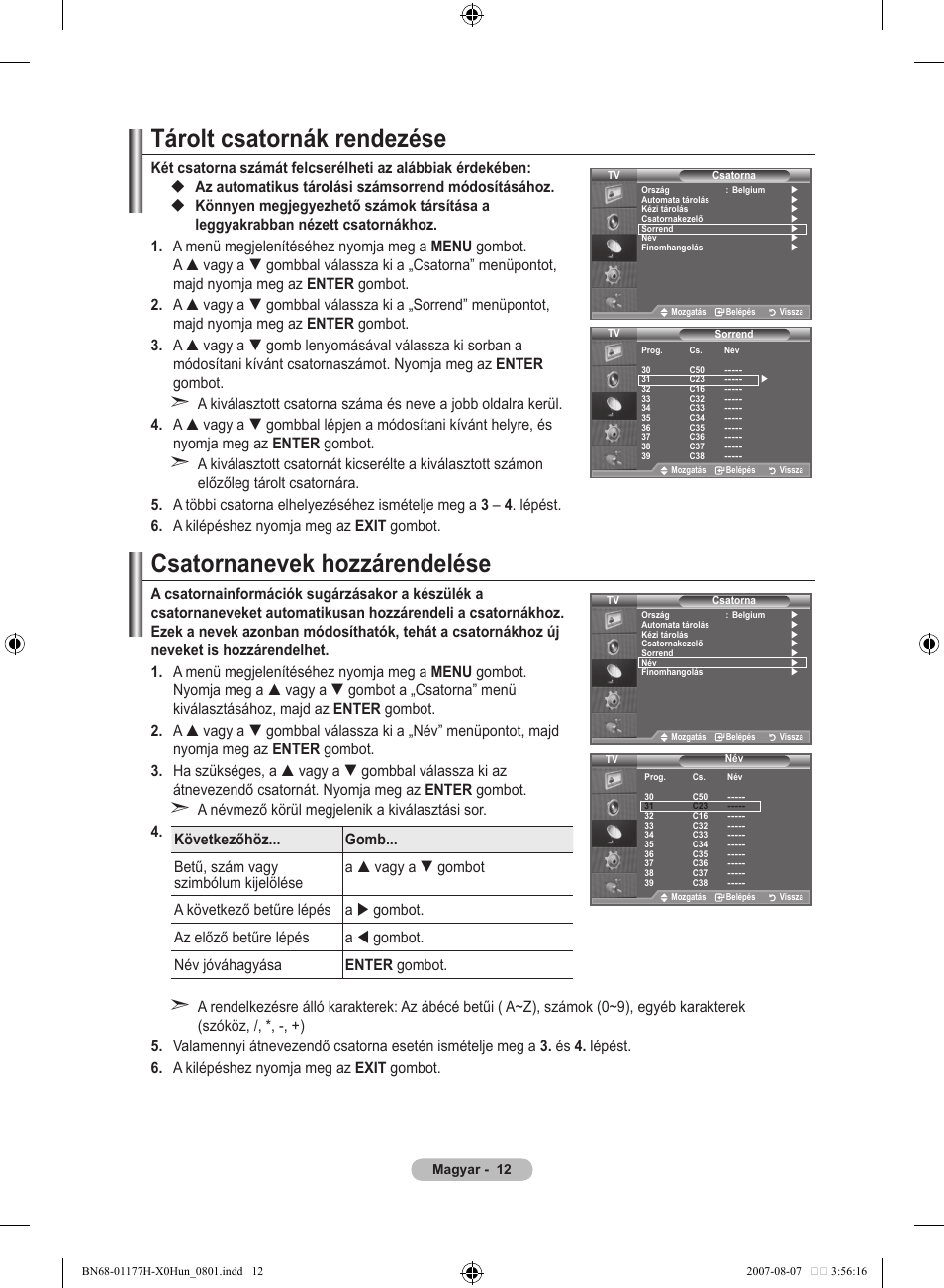 Tárolt csatornák rendezése, Csatornanevek hozzárendelése | Samsung LE22S81B User Manual | Page 280 / 461