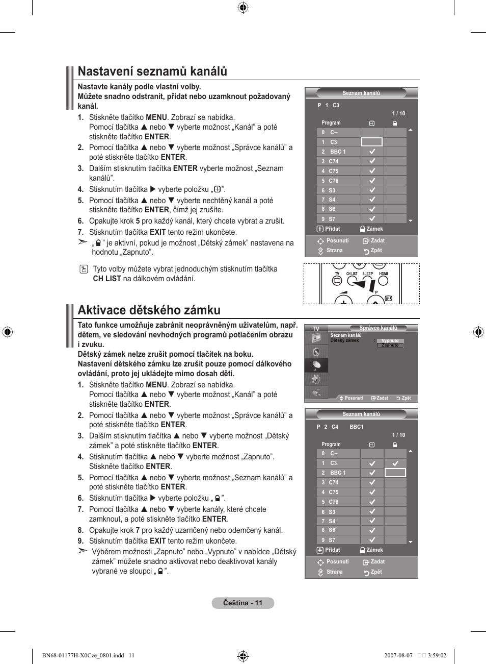 Nastavení seznamů kanálů, Aktivace dětského zámku | Samsung LE22S81B User Manual | Page 355 / 461