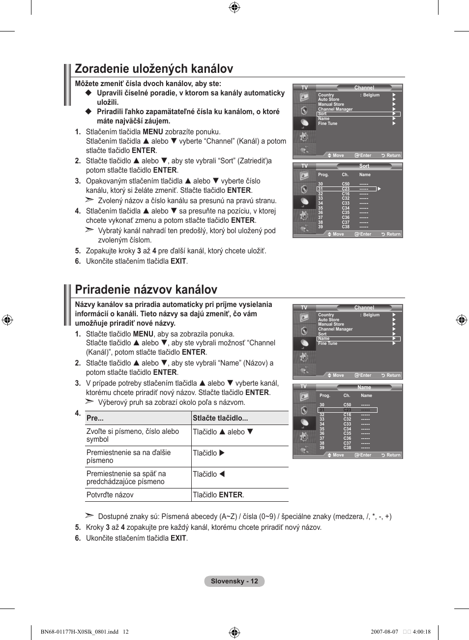 Zoradenie uložených kanálov, Priradenie názvov kanálov | Samsung LE22S81B User Manual | Page 394 / 461