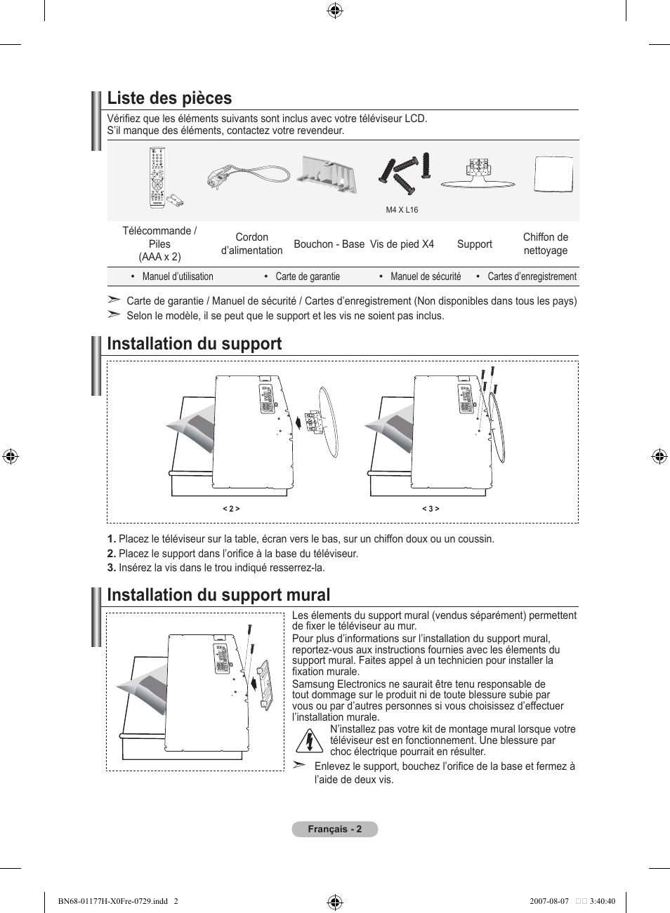 Liste des pièces, Installation du support, Installation du support mural | Samsung LE22S81B User Manual | Page 42 / 461