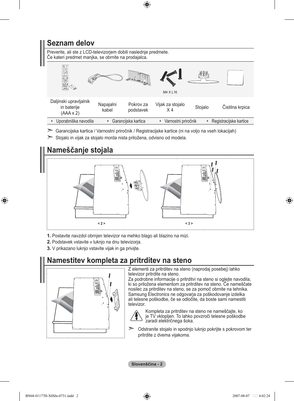 Seznam delov, Nameščanje stojala, Namestitev kompleta za pritrditev na steno | Samsung LE22S81B User Manual | Page 422 / 461