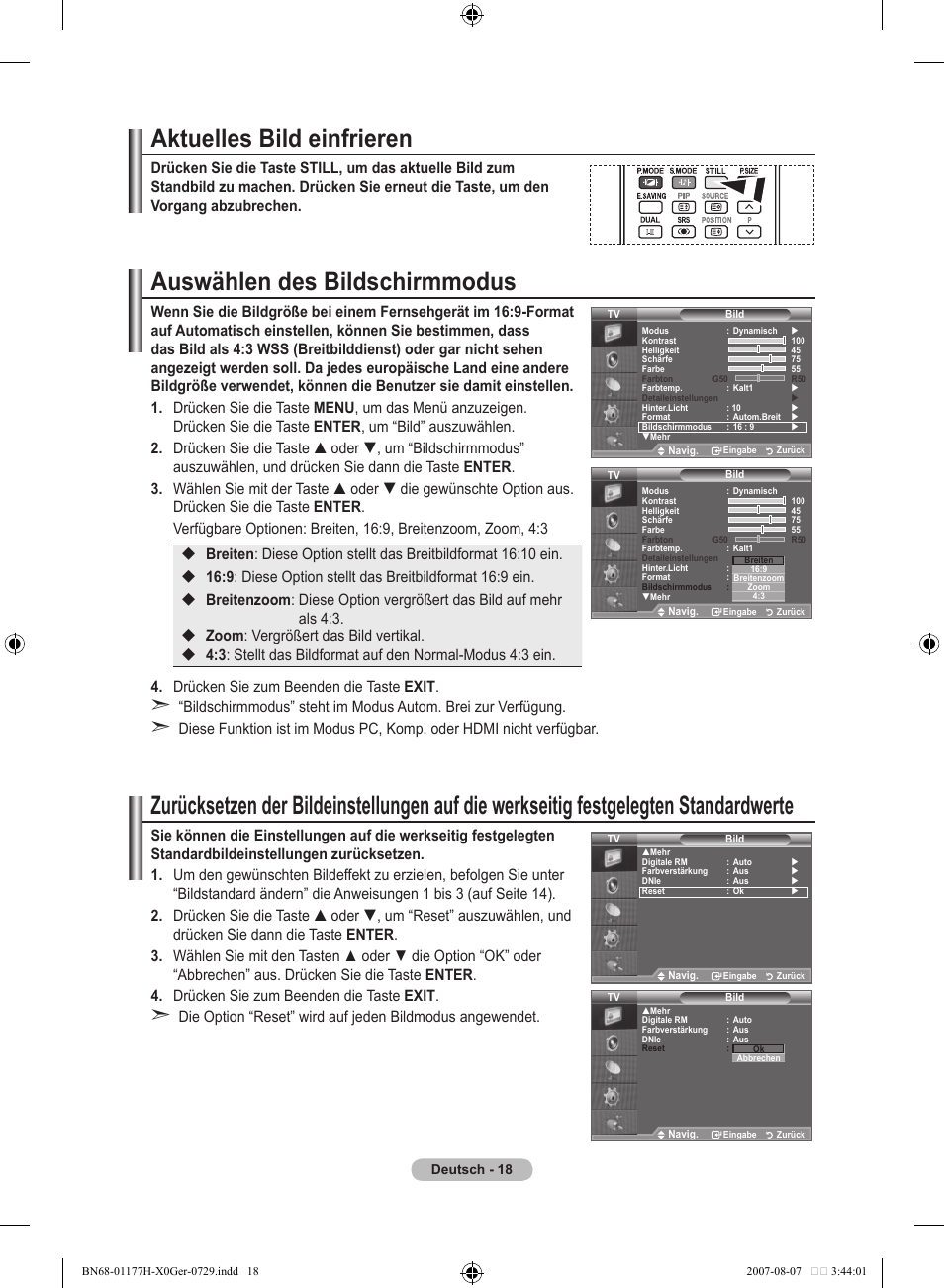 Aktuelles bild einfrieren, Auswählen des bildschirmmodus | Samsung LE22S81B User Manual | Page 96 / 461