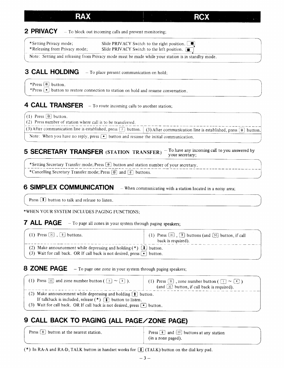 Rax rcx, 2 privacy, 3 call holding | 4 call transfer, 5 secretary transfer, 6 simplex communication, 7 all page, 8 zone page, 9 call back to paging (all page/zone page) | Aiphone RA-A User Manual | Page 3 / 8