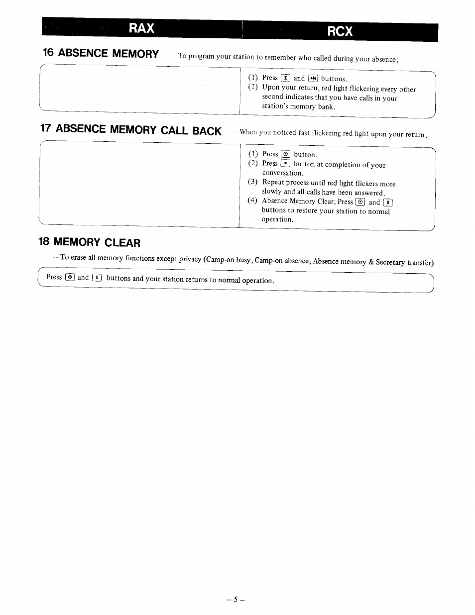 16 absence memory, 18 memory clear, Rax rcx | Aiphone RA-A User Manual | Page 5 / 8