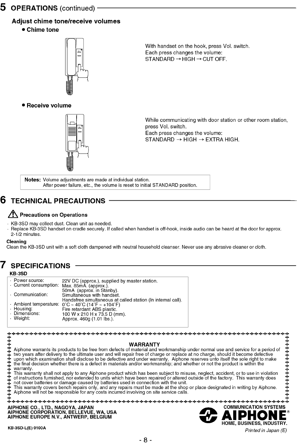 Aiphone, Continued), Operations | 6 technical precautions, Specifications | Aiphone Kb-3sd User Manual | Page 8 / 8