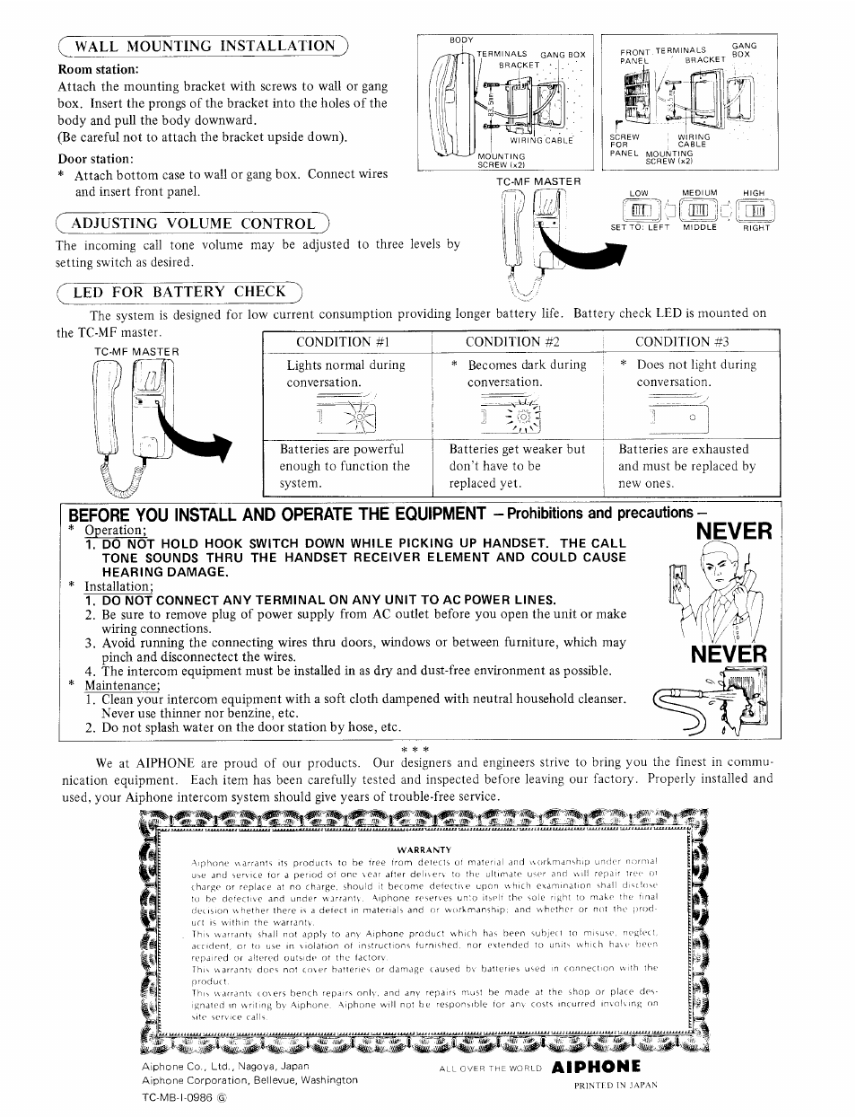 Aiphone, Never, Wall mounting installation ) room station | C adjusting volume control, Led for battery check, Operation, Installation | Aiphone TC-MF User Manual | Page 2 / 2