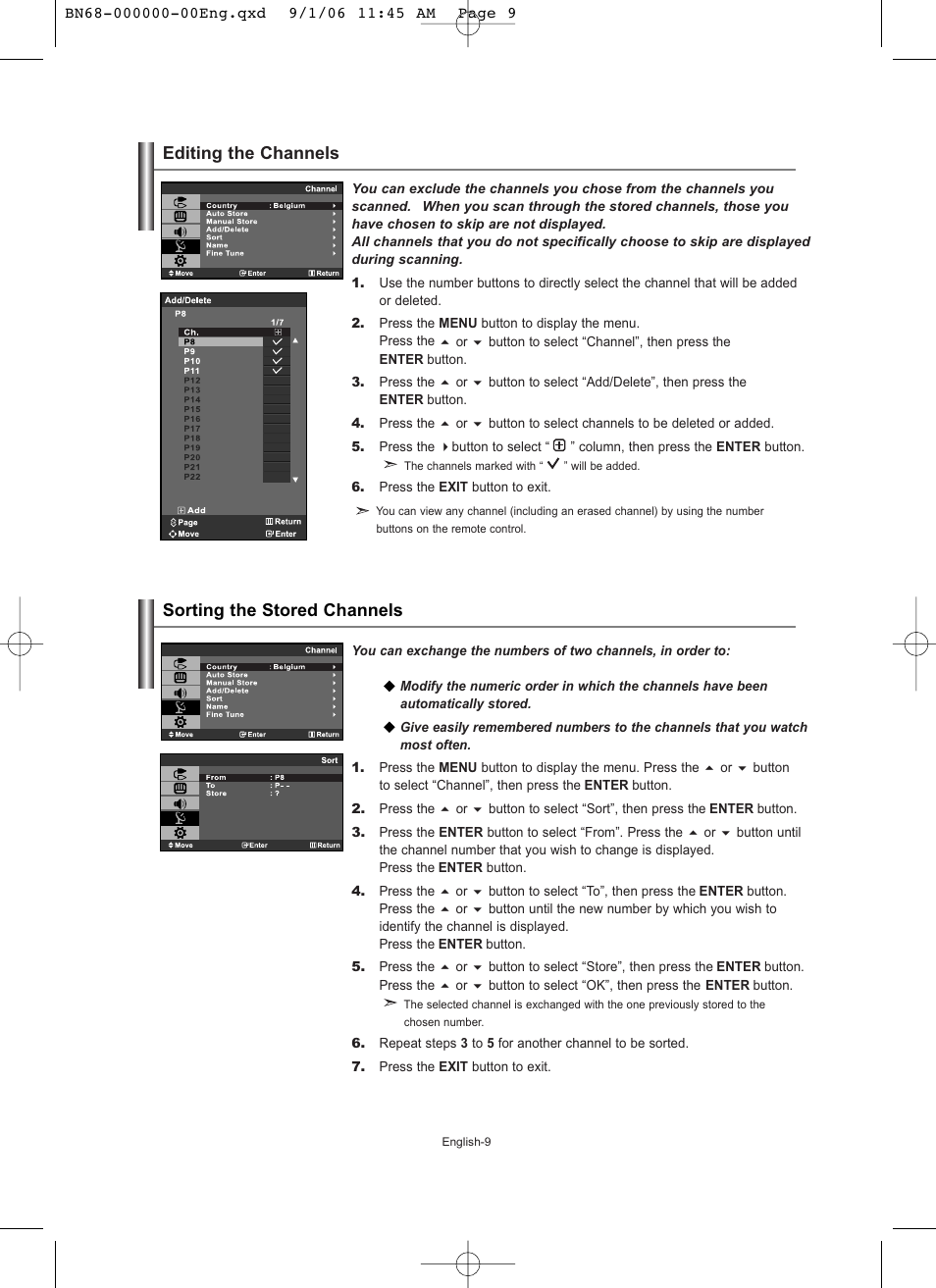 Editing the channels, Sorting the stored channels, Editing the channels sorting the stored channels | Samsung LE19R71W User Manual | Page 11 / 203