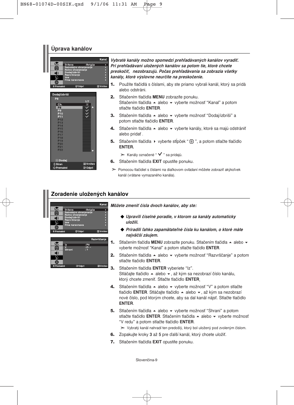 Úprava kanálov zoradenie uloïen˘ch kanálov | Samsung LE19R71W User Manual | Page 136 / 203