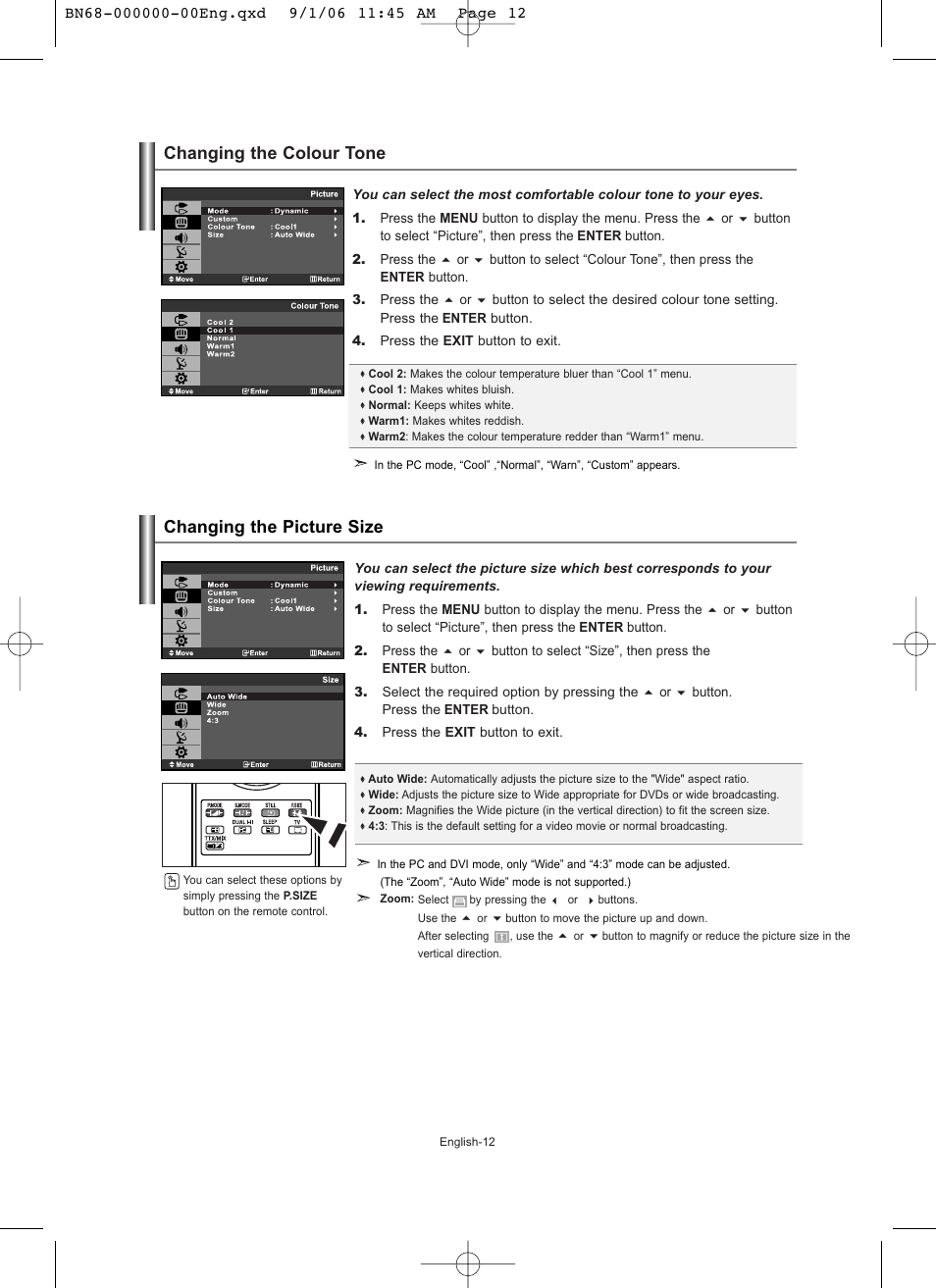 Changing the colour tone, Changing the picture size, Changing the colour tone changing the picture size | Samsung LE19R71W User Manual | Page 14 / 203