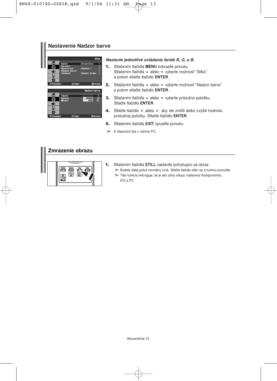 Nastavenie nadzor barve zmrazenie obrazu | Samsung LE19R71W User Manual | Page 140 / 203