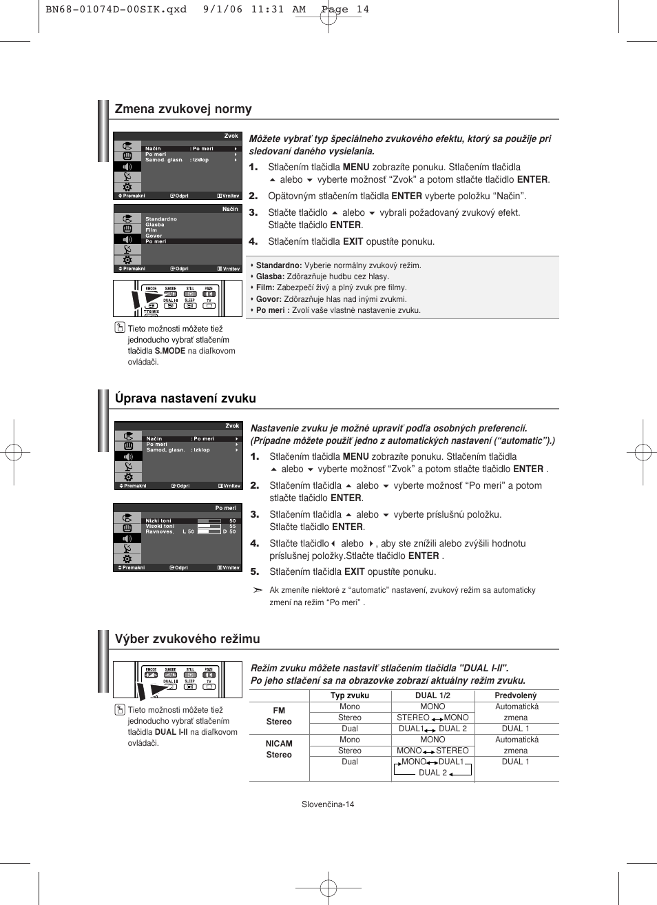 Zmena zvukovej normy úprava nastavení zvuku, V˘ber zvukového reïimu | Samsung LE19R71W User Manual | Page 141 / 203