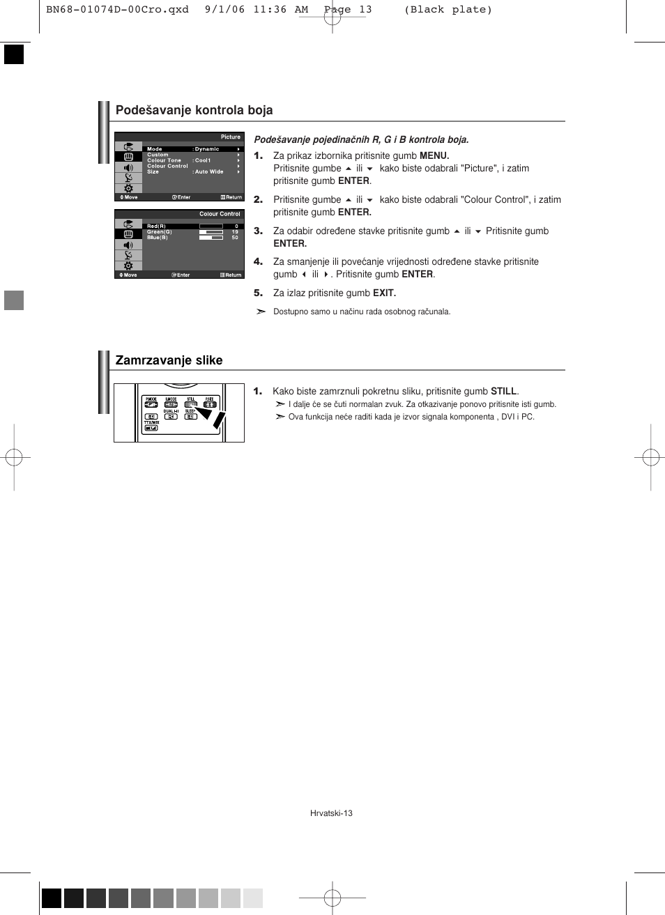 Pode‰avanje kontrola boja zamrzavanje slike | Samsung LE19R71W User Manual | Page 165 / 203