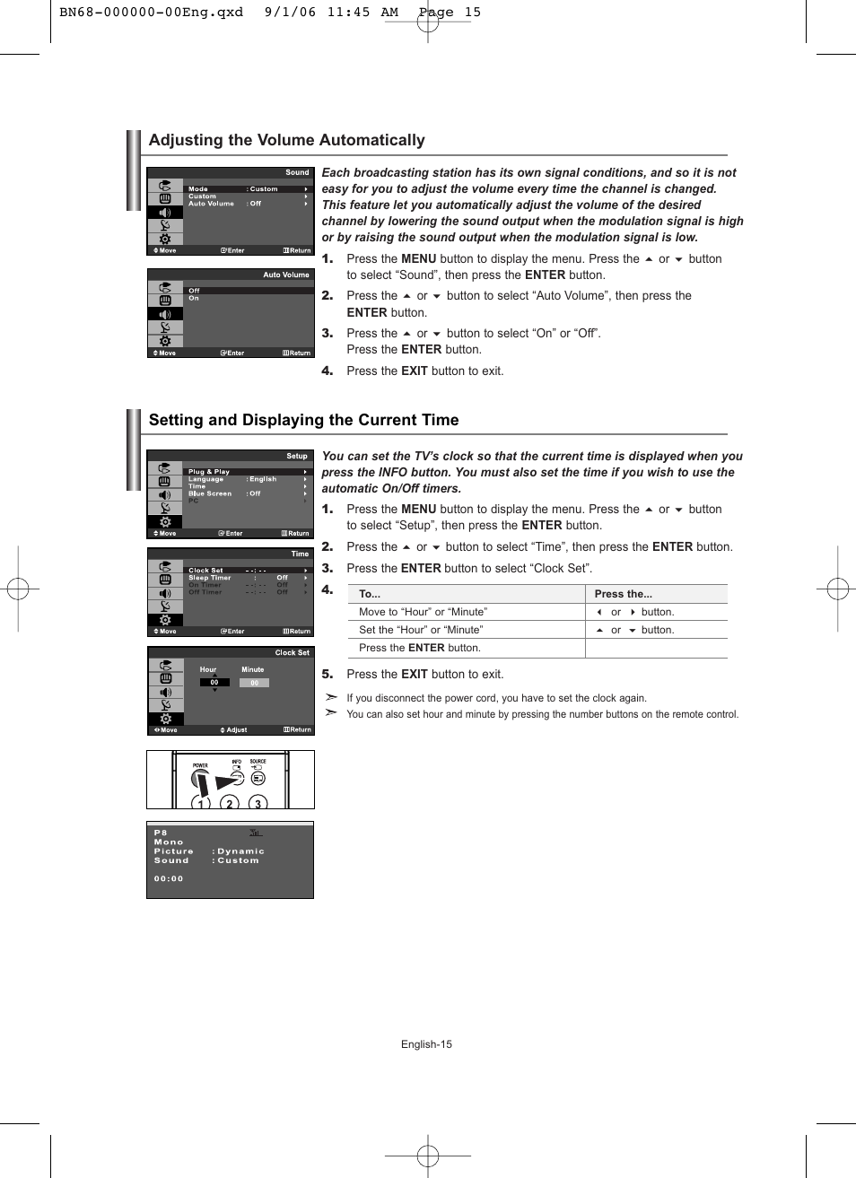 Adjusting the volume automatically, Setting the time, Setting and displaying the current time | Samsung LE19R71W User Manual | Page 17 / 203