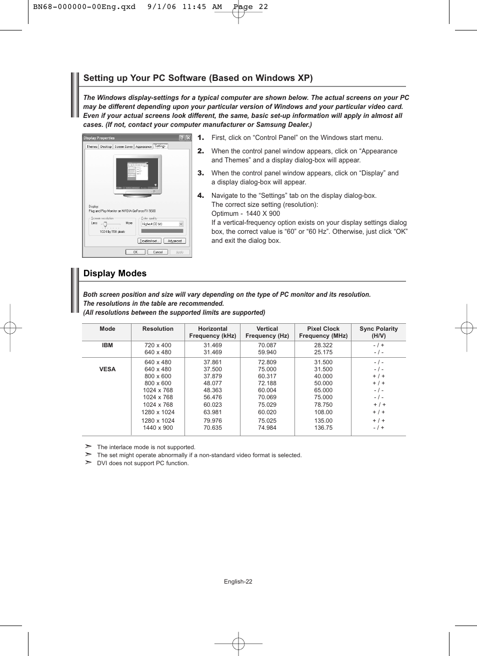 Setting the pc, Setting up your pc software (based on windows xp), Display modes | Samsung LE19R71W User Manual | Page 24 / 203