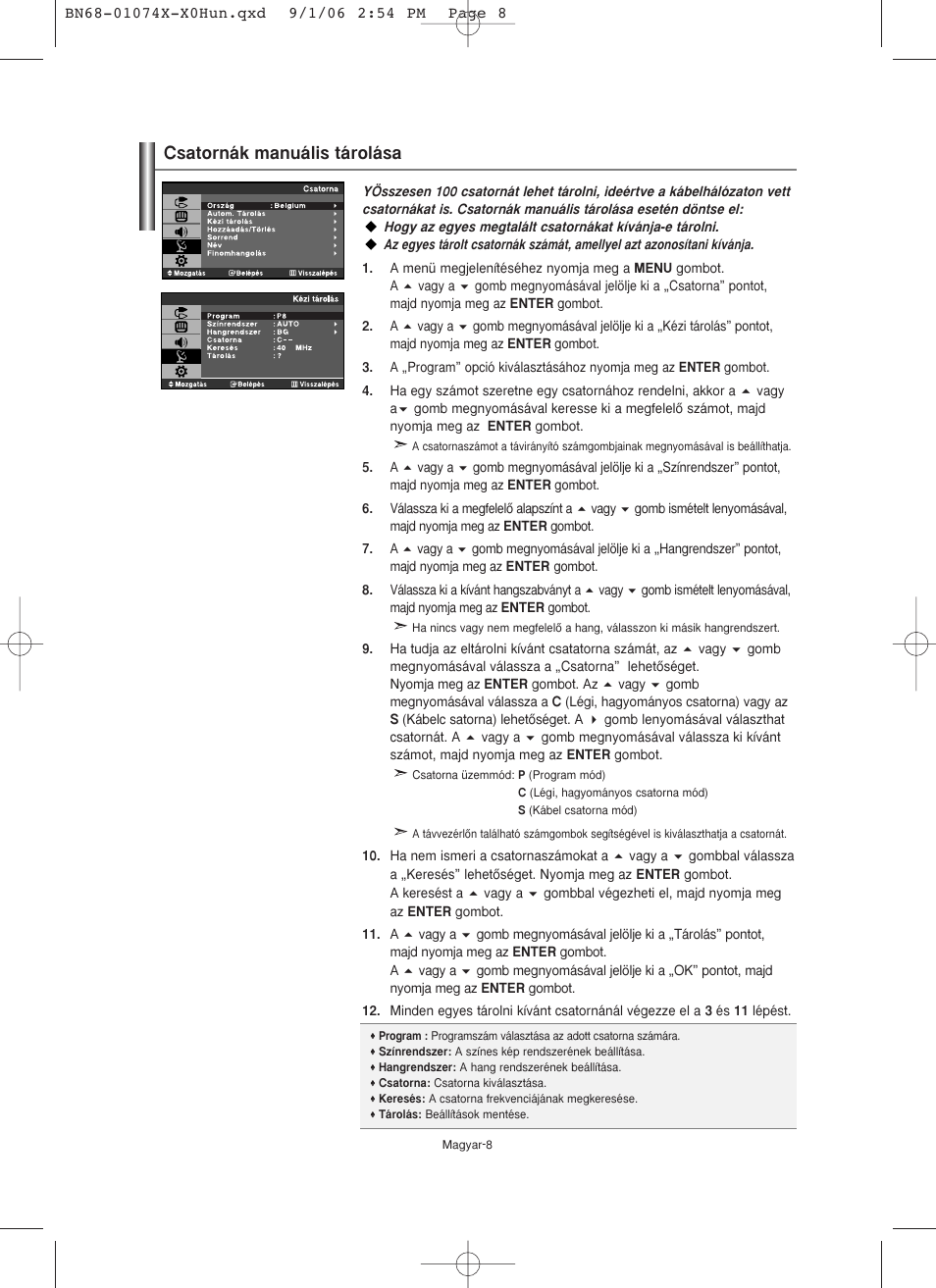 Csatornák manuális tárolása | Samsung LE19R71W User Manual | Page 35 / 203