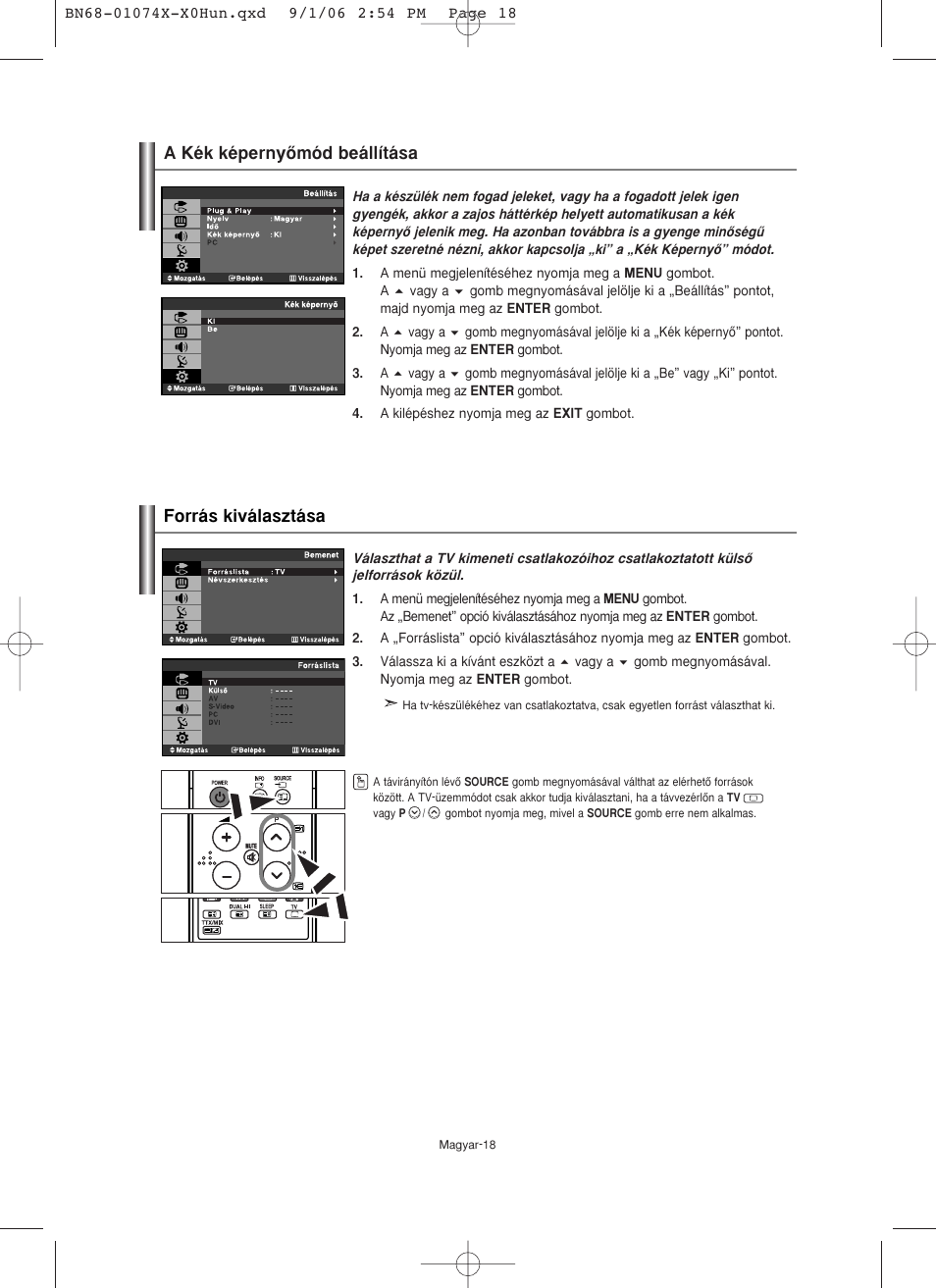 A kék képernyœmód beállítása forrás kiválasztása | Samsung LE19R71W User Manual | Page 45 / 203