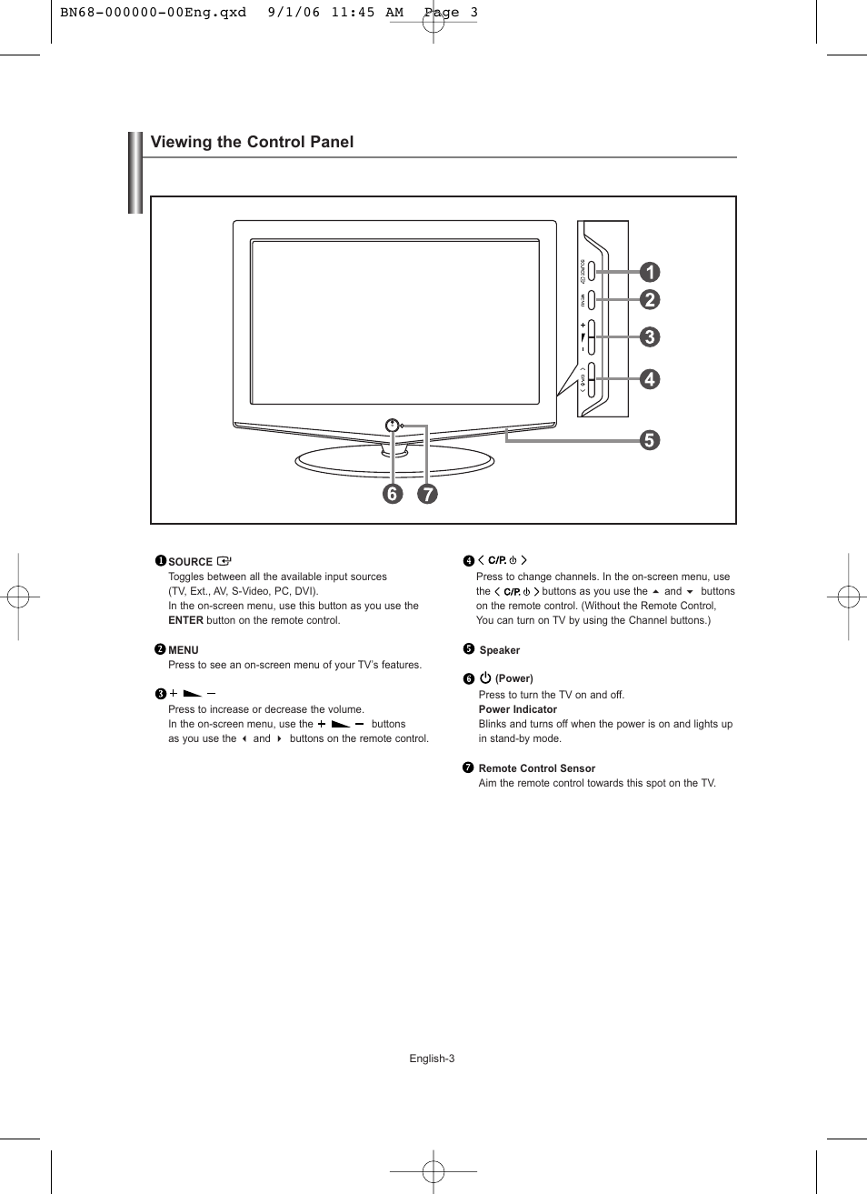 Viewing the control panel | Samsung LE19R71W User Manual | Page 5 / 203